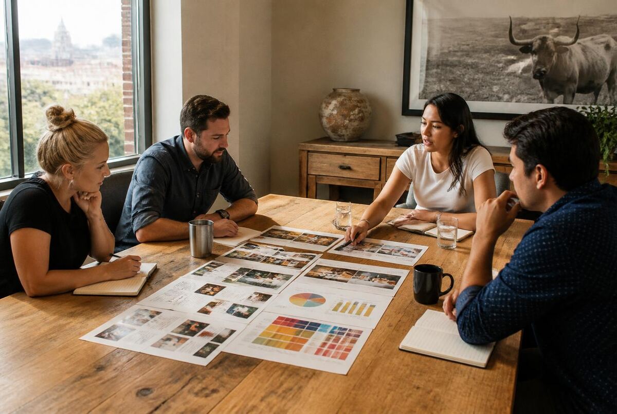 Planners reviewing printed campaign layouts and audience charts around a table in the Houston office